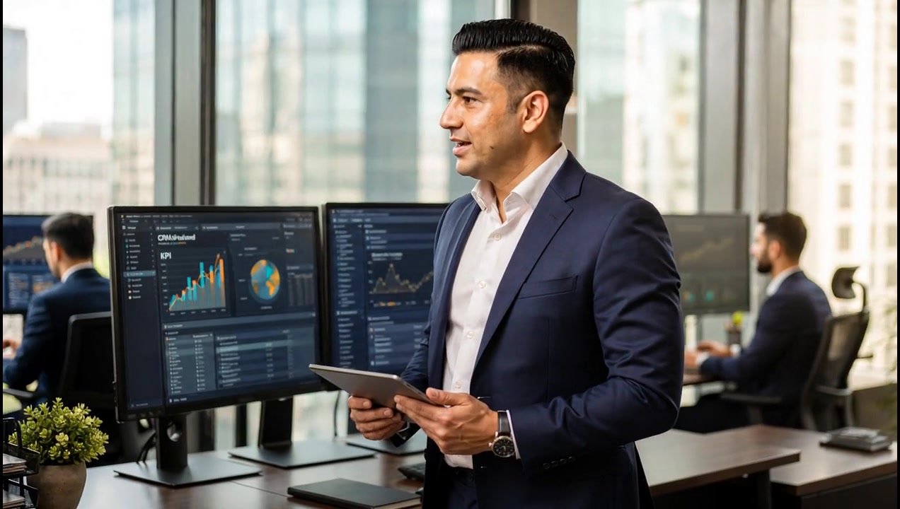 Directivo observando varios monitores con tableros de información que no están integrados entre sí