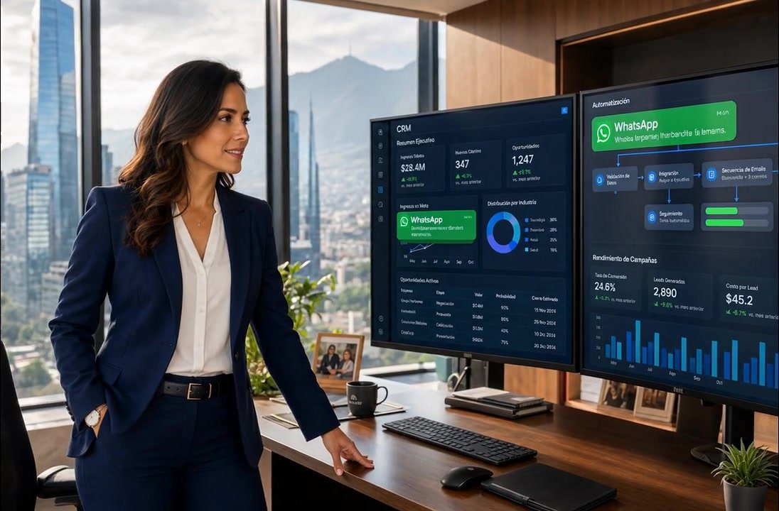 Ejecutiva revisando un tablero de CRM con indicadores comerciales