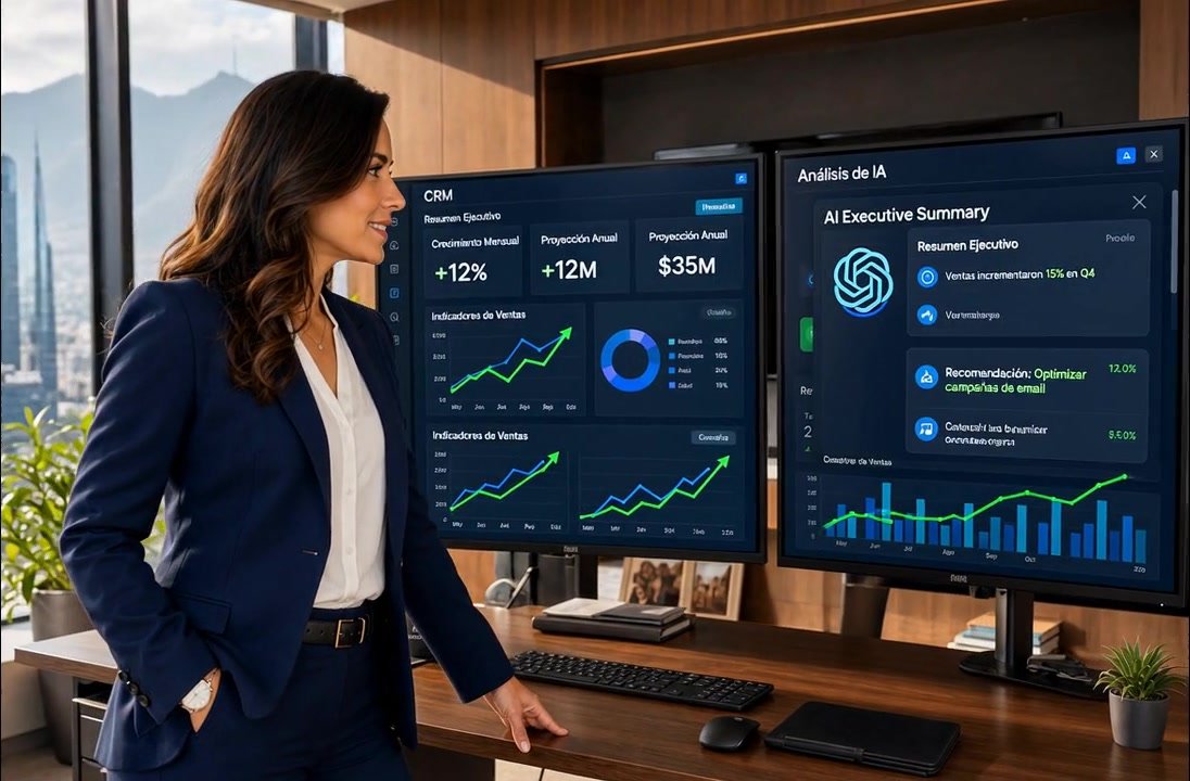 Pantalla con un resumen ejecutivo generado por inteligencia artificial en una oficina corporativa
